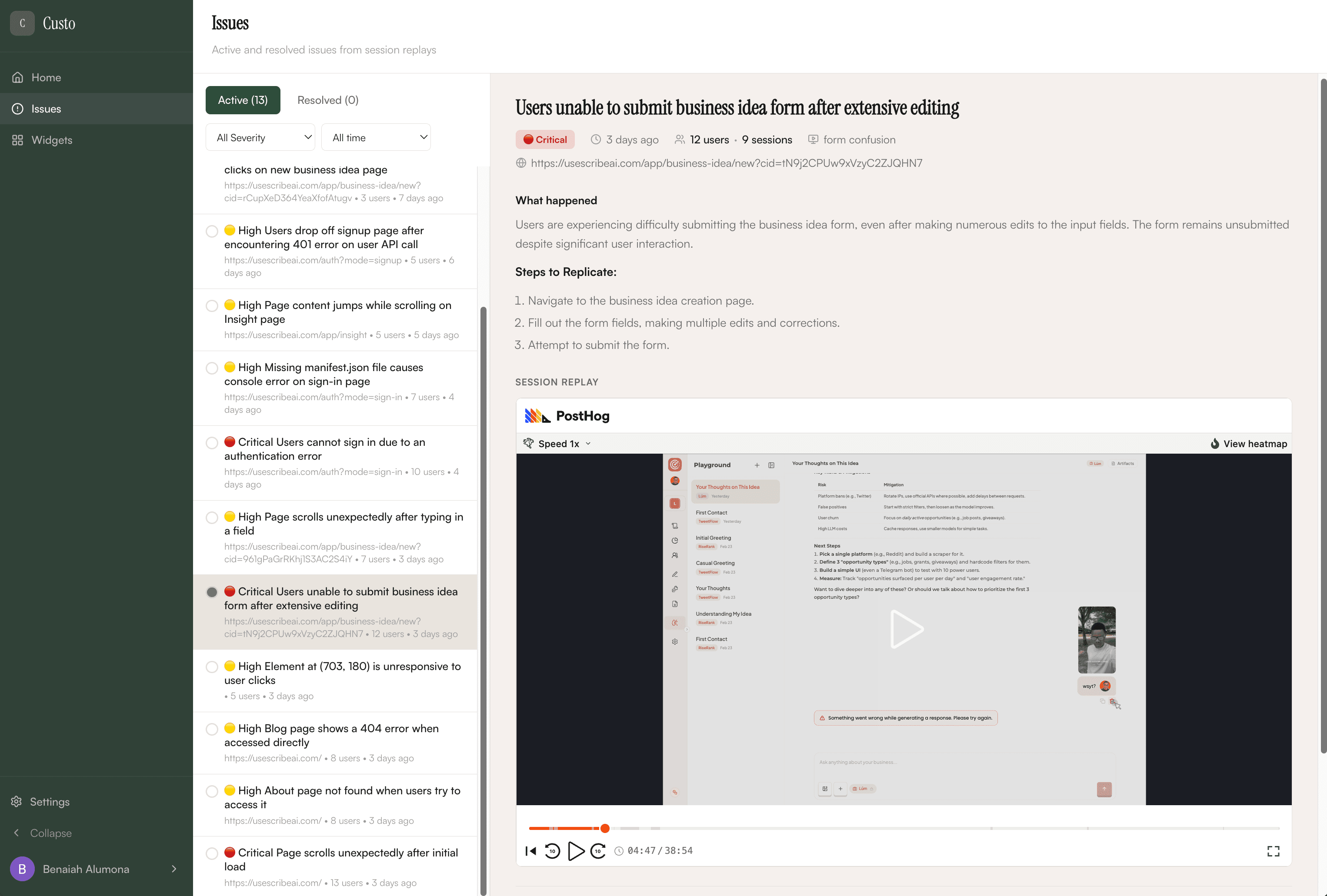 Custo dashboard showing issue detection and session replay